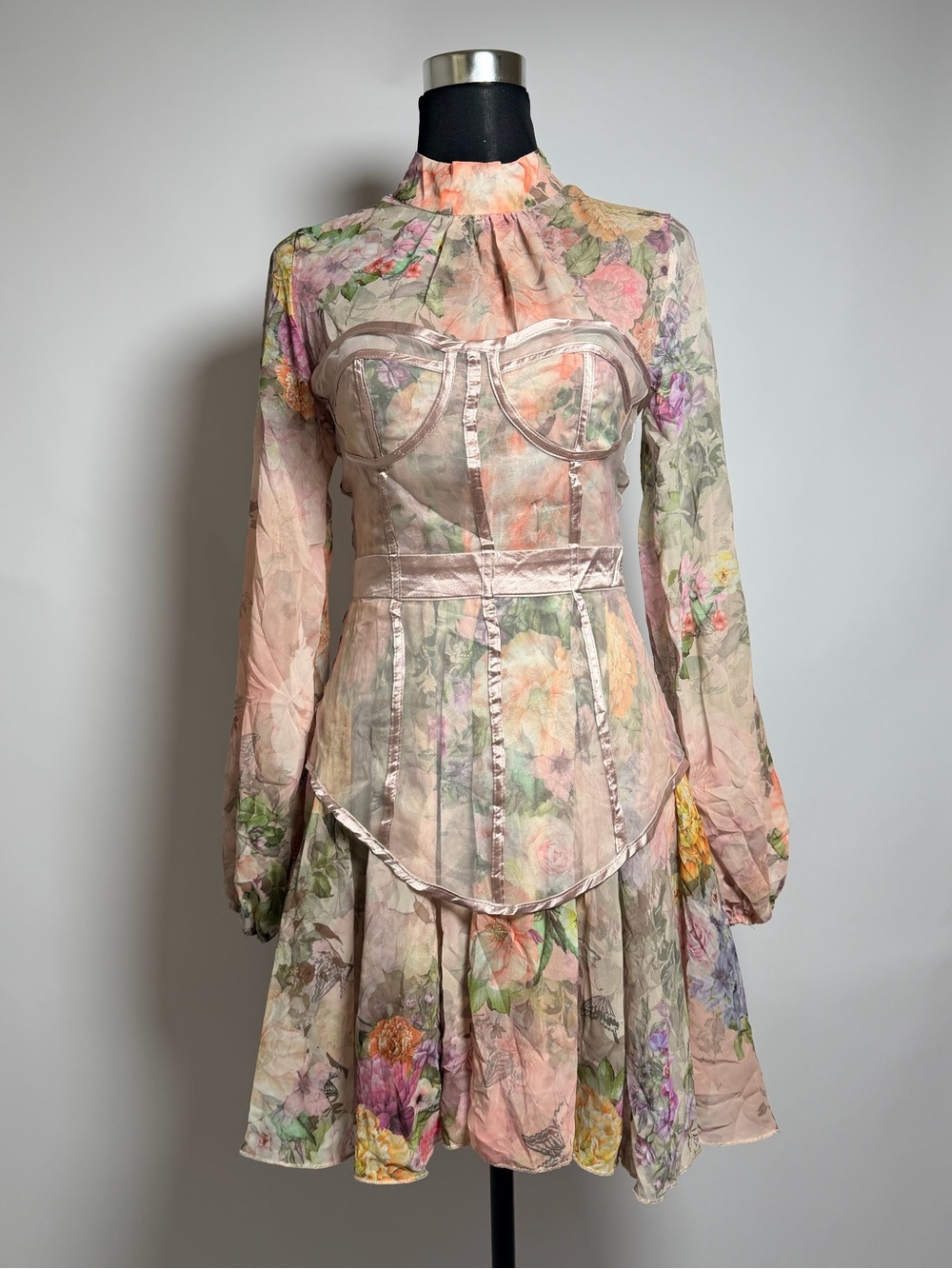 Miss Ord Floral Corset Mini Dress M Sheer Puff Sleeve Cottagecore Pink - Picture 6 of 7